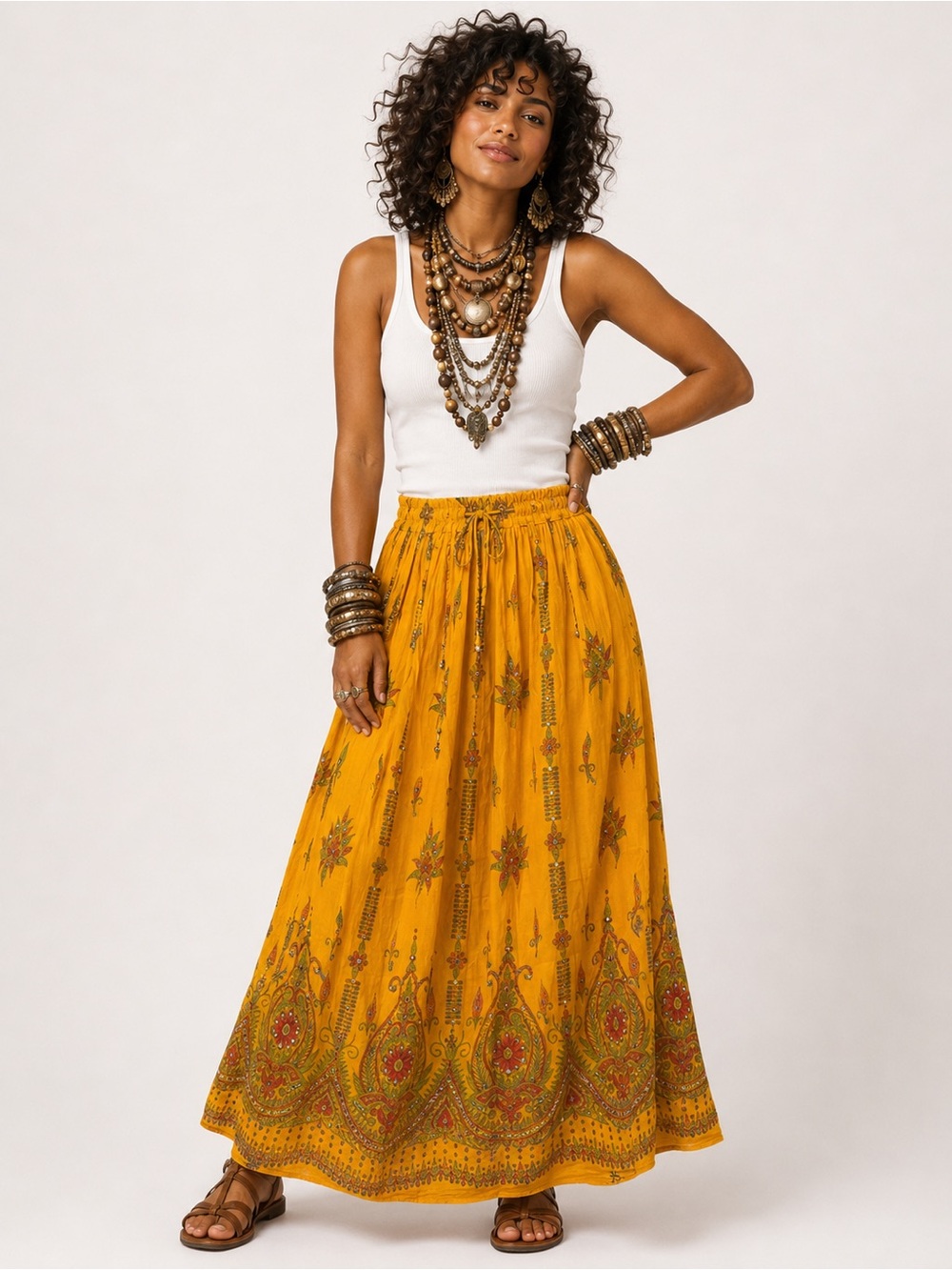 Gypsy Boho Yellow Embroidered Maxi Skirt